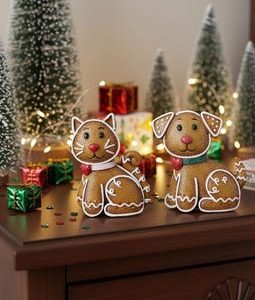Resin Gingerbread Dog or Cat Figurine Christmas Decoration Holiday Decor Gift