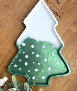Tree Shaped Resin Tray, Green & White, Holiday Decor