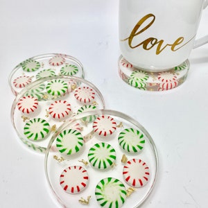 Christmas coasters, 3D peppermint and gold flake resin coaster set with modern CLEAR edges. Great hostess gift