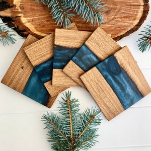 Set of 2/4/6 fancy Resin & Wood decor river Coasters | Handmade | Home | Gift | Christmas | Wine| Mug pads Epoxidharz Untersetzer navy blue