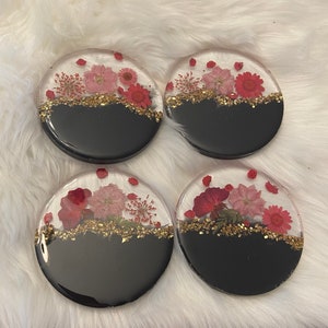 Resin Coasters Set Black, Clear, Dried Red & Pink Flowers set of 4