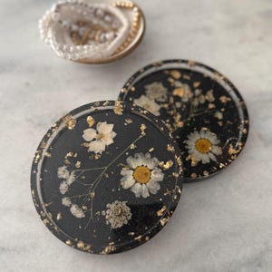 Gold Leaf Pressed Flower Coaster Set: Handmade Resin Trinket Dish