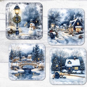 Christmas Coasters Snowy Village Scenery Blue Glossy Drinks Tea Coffee, Set of 4