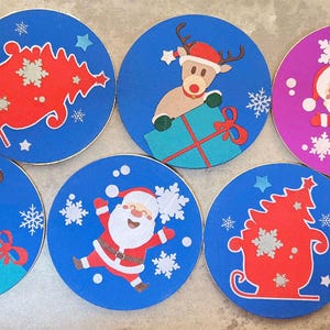Handmade Christmas Coasters by VỤN Art – Silk Fabric Collage | Reversible Wooden Coaster Set | Holiday Table Decor